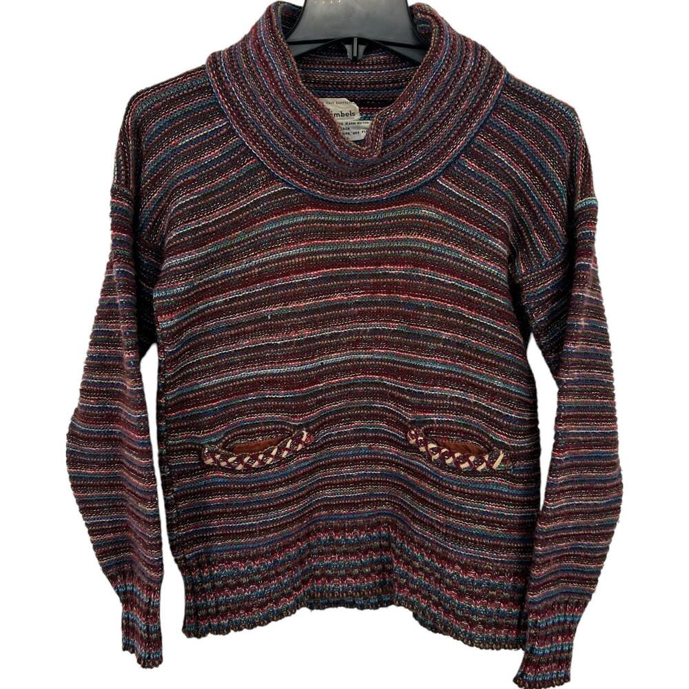 Vintage 70s‎ 80s women's striped rainbow Gimbels wool cowel neck knitted sweater